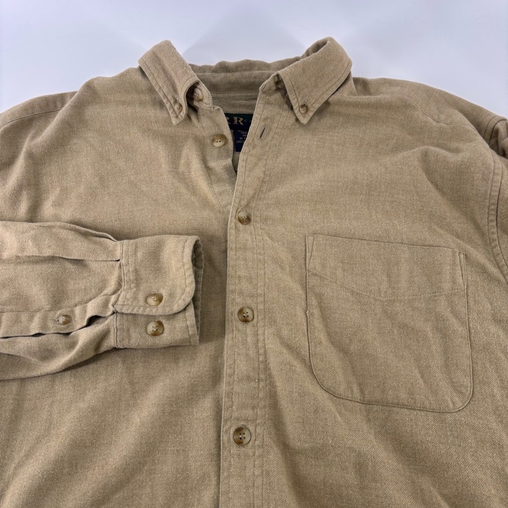 R&R Casuals Button Down Shirt Mens Medium Tan Cotton Flannel Workwear Khaki